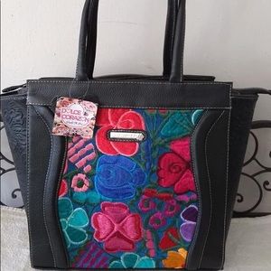 Leather embroidered tote